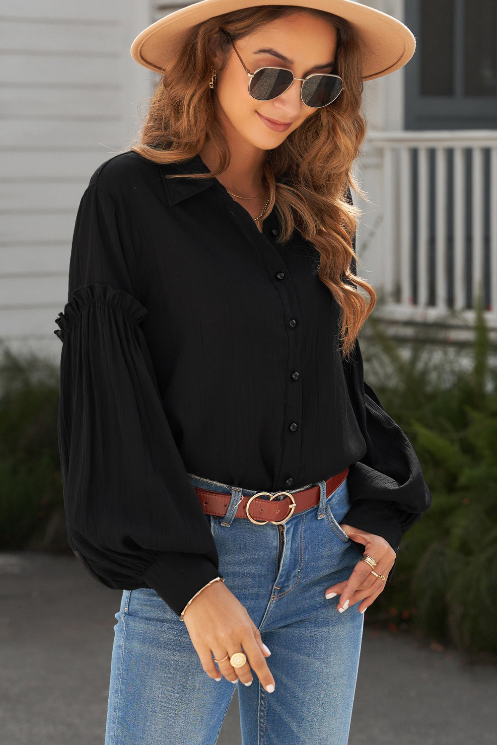 Button Front Bubble Sleeve Frill Trim Blouse