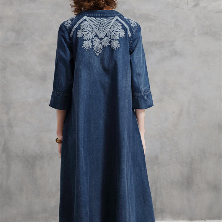 Embroidered Plus Size Women's Mid-sleeve Denim Dress