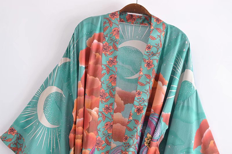 Loose Belted Moon Print Cardigan Kimono Women's