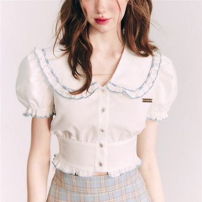 Petite chemise manches bouffantes Style marine Style français col claudine manches courtes