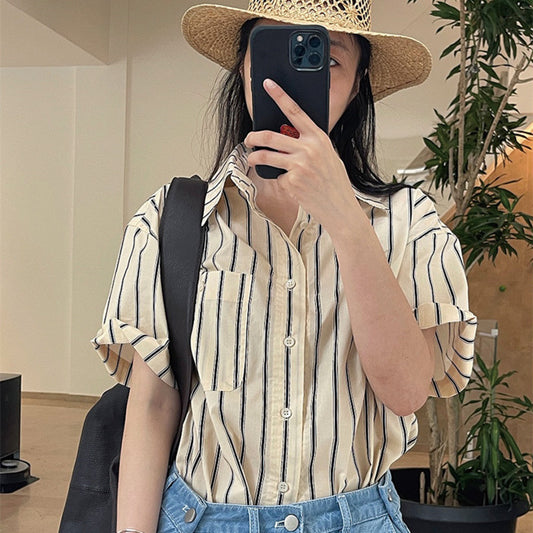 New Literary Retro Lapel Striped Short-sleeved Shirt Loose And Thin