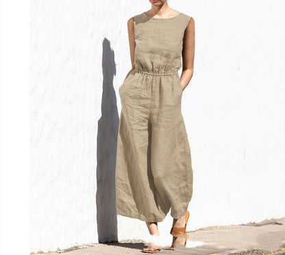 Solid Color Crew Neck Loose Casual Jumpsuit