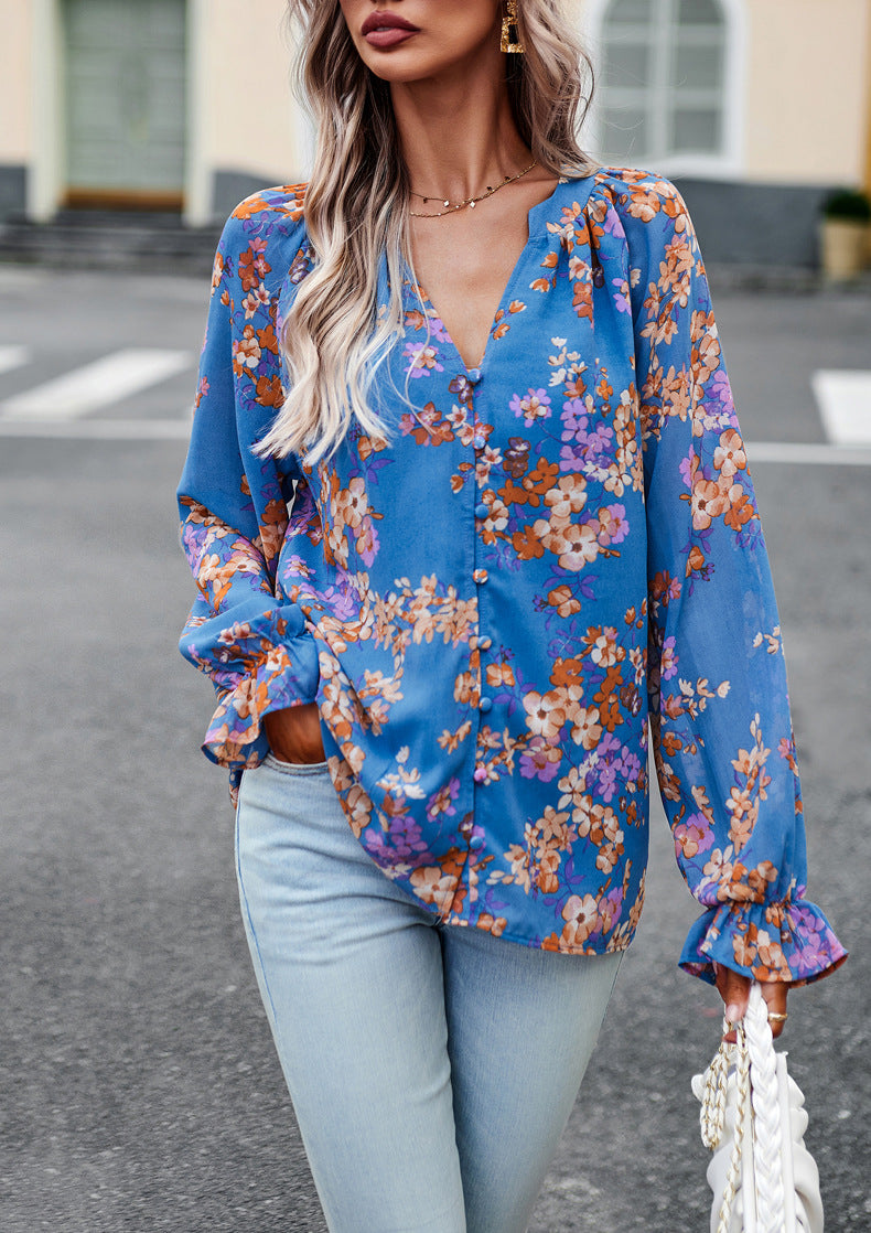 Camisas de manga larga con cuello en V y estampado floral casual para mujer