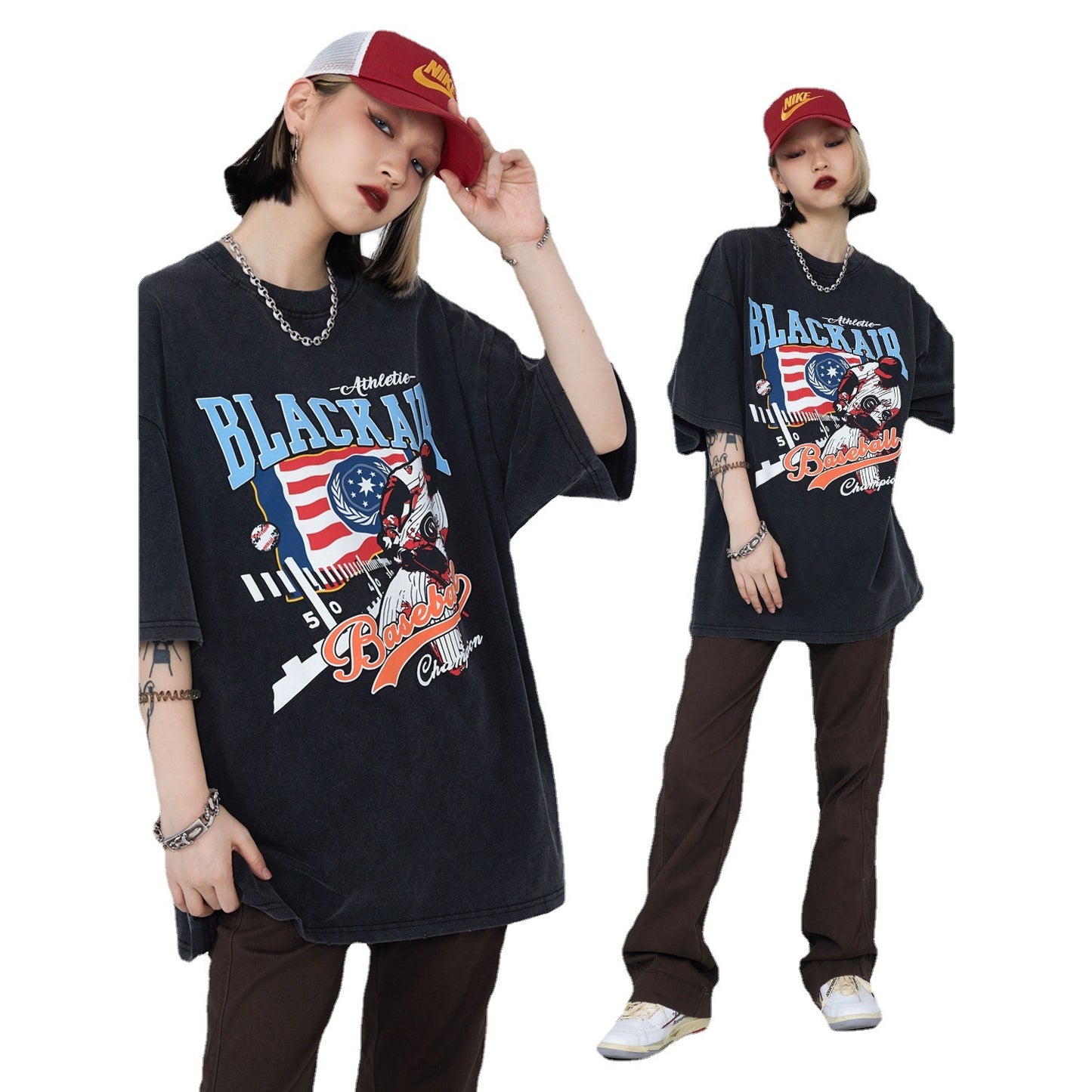 Washed Distressed Short Sleeve Baseball Vintage Print Loose T-Shirt