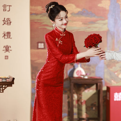 Robe de mariée rouge à trois composites, Cheongsam longue et cintrée pour réunion annuelle