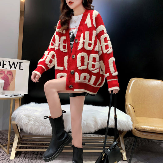 Korean Letter Towel Embroidered Lazy Sweater