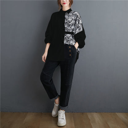 Contrast Print Loose And Slim Long-sleeved Shirt