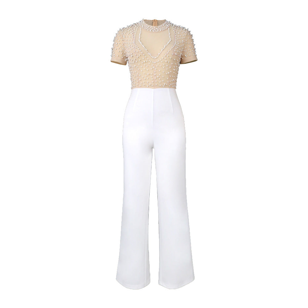 Round Neck Short Sleeve Beaded Jumpsuit Casual