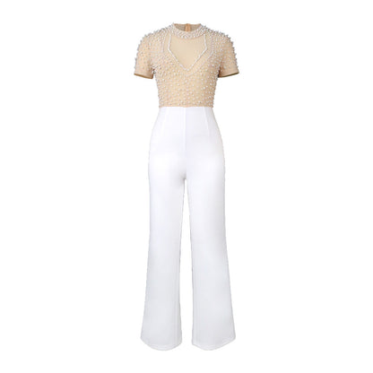 Round Neck Short Sleeve Beaded Jumpsuit Casual