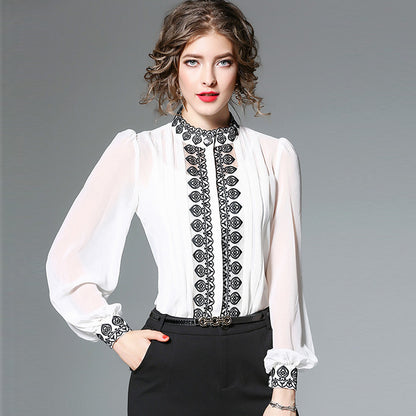 Slim Fit And Slim Heavy Embroidery Blouse With Suspenders