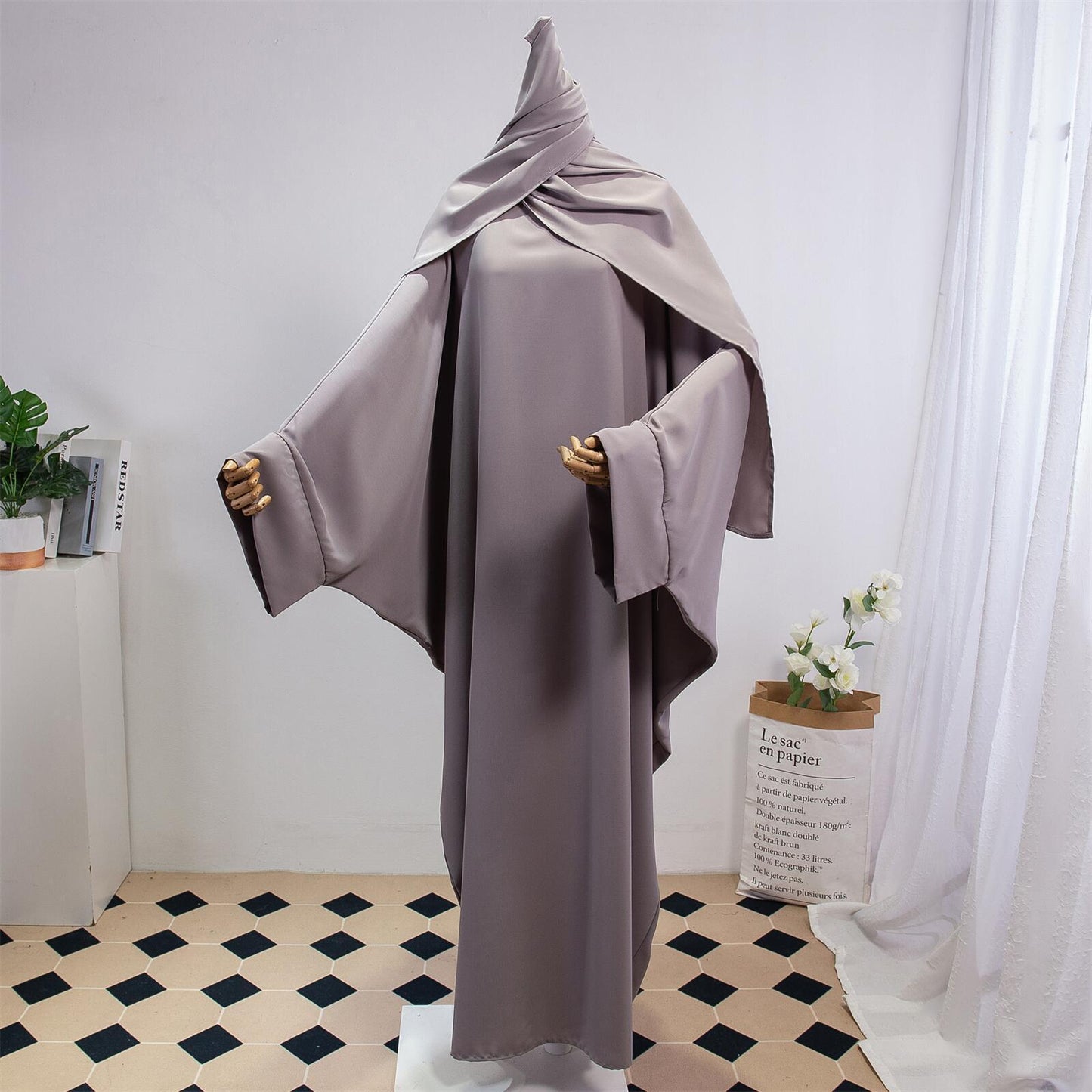 Solid Color Arabic Dress Women's Robe With Headscarf