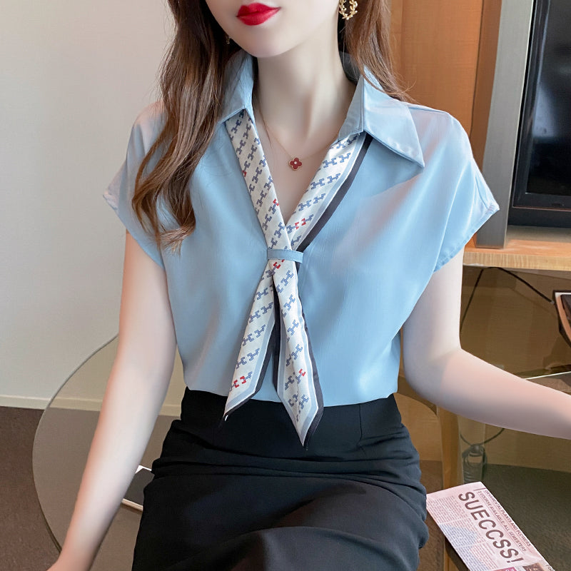 Women's New V-neck Thin Chiffon Short Sleeve Tie Shirt