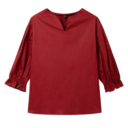 Three-quarter sleeves v-neck shirt cotton loose flared sleeve top