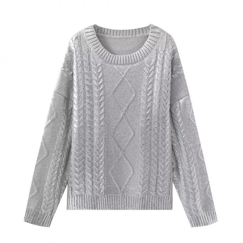 Retro Crew Neck Long Sleeve Rhombus Metal Foil Woven Sweater