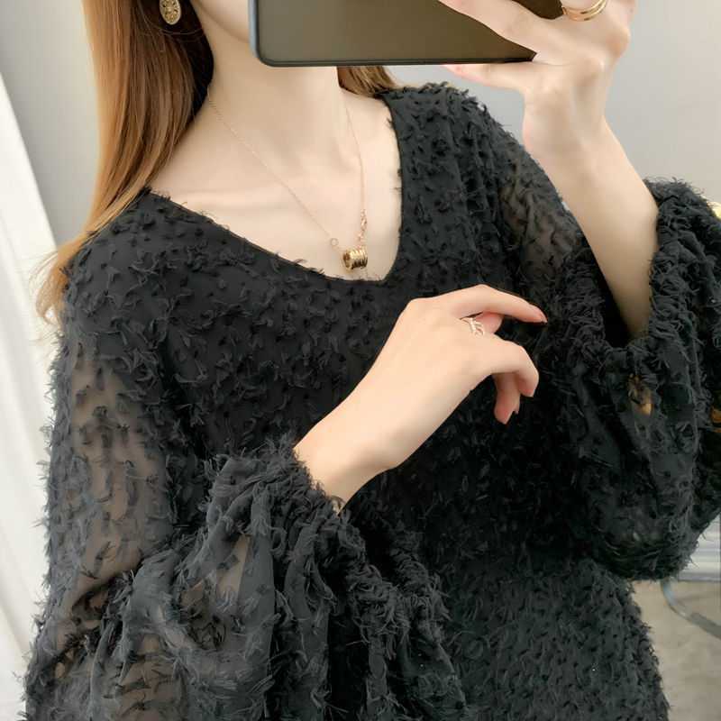 European And American Style Stitching Fleece Long-sleeved Chiffon Shirt Women's Clothing