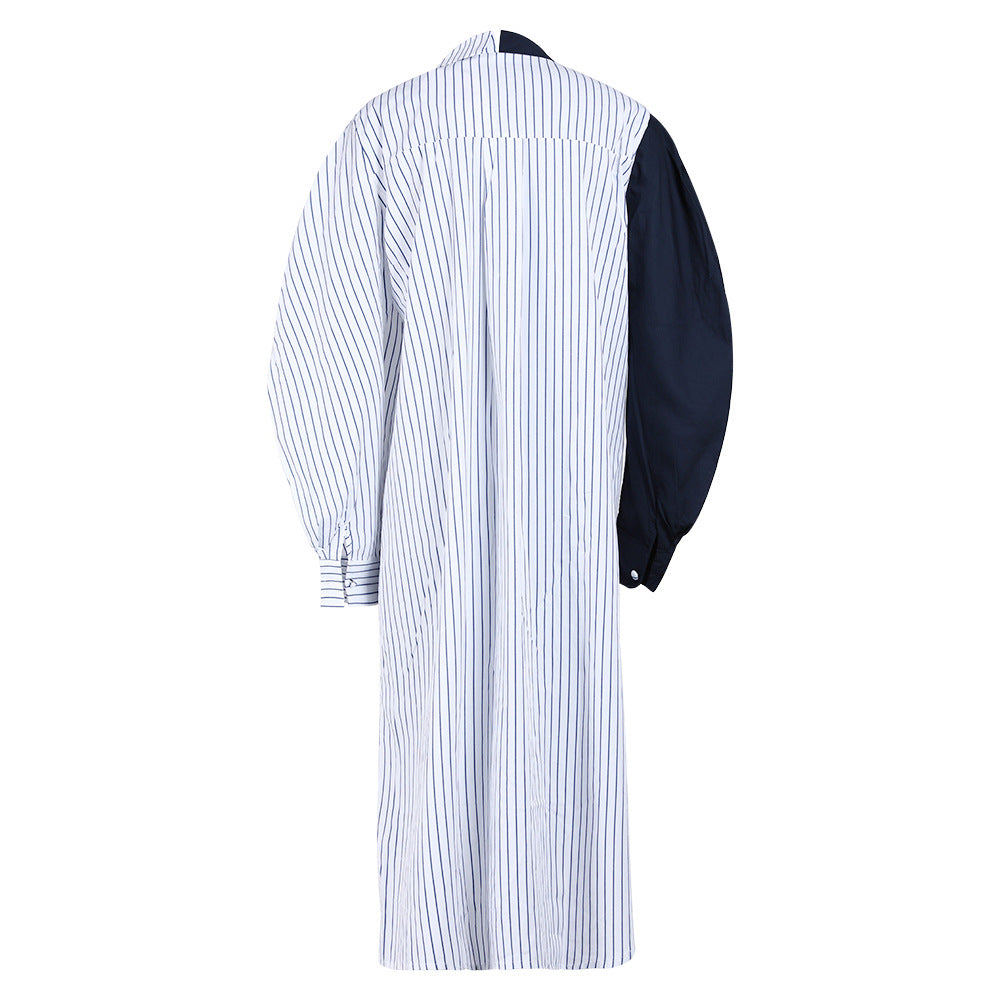 Color Collision Design Striped Dark Blue Dress All-match Loose Shirt Dress