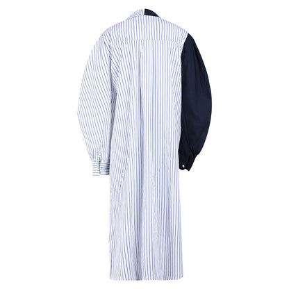 Color Collision Design Striped Dark Blue Dress All-match Loose Shirt Dress