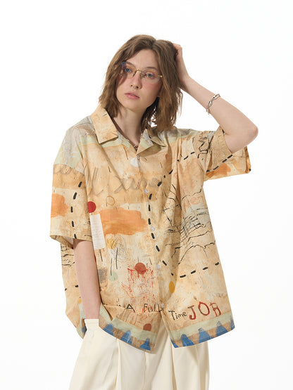 Casual Loose Graffiti Pine High Street Short Sleeve Shirt