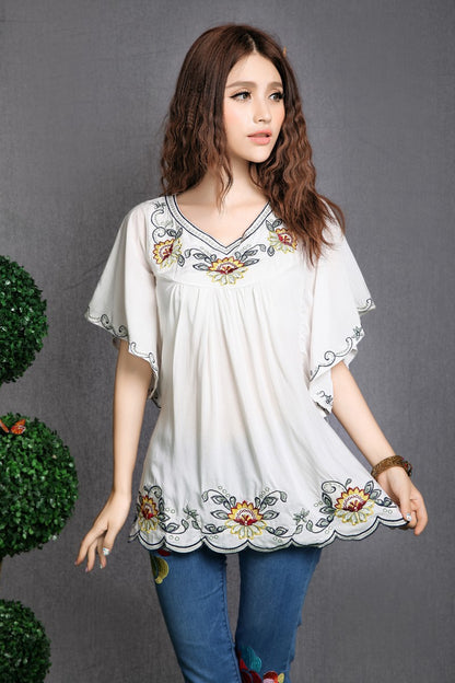 Ladies Embroidered Loose Shirt Flared Sleeves