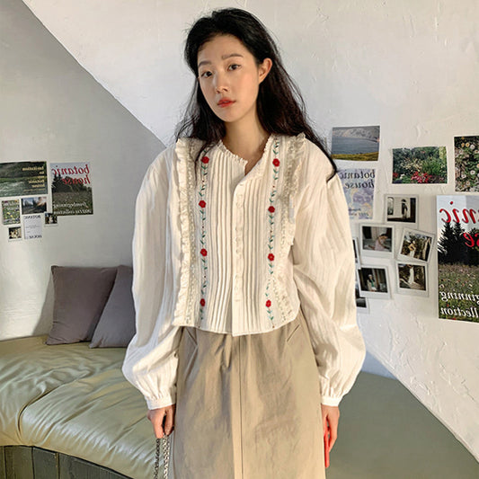 Mori  Age-reducing Temperament Embroidered Cotton Shirt Women