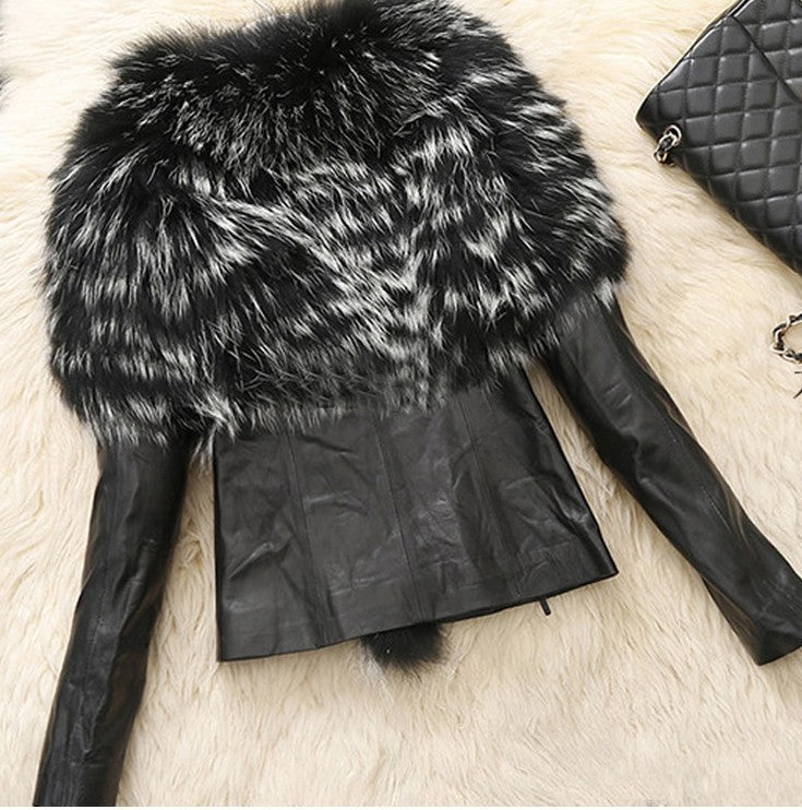 Faux Fur Slim Fit PU Leather  Fluffy coat