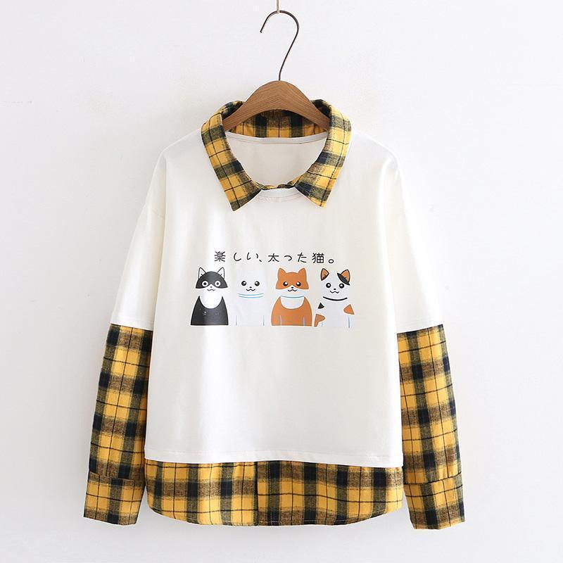 Sweater Fake Two-Piece Stitching Plaid Girl Big Boy New Loose Four Cats Print