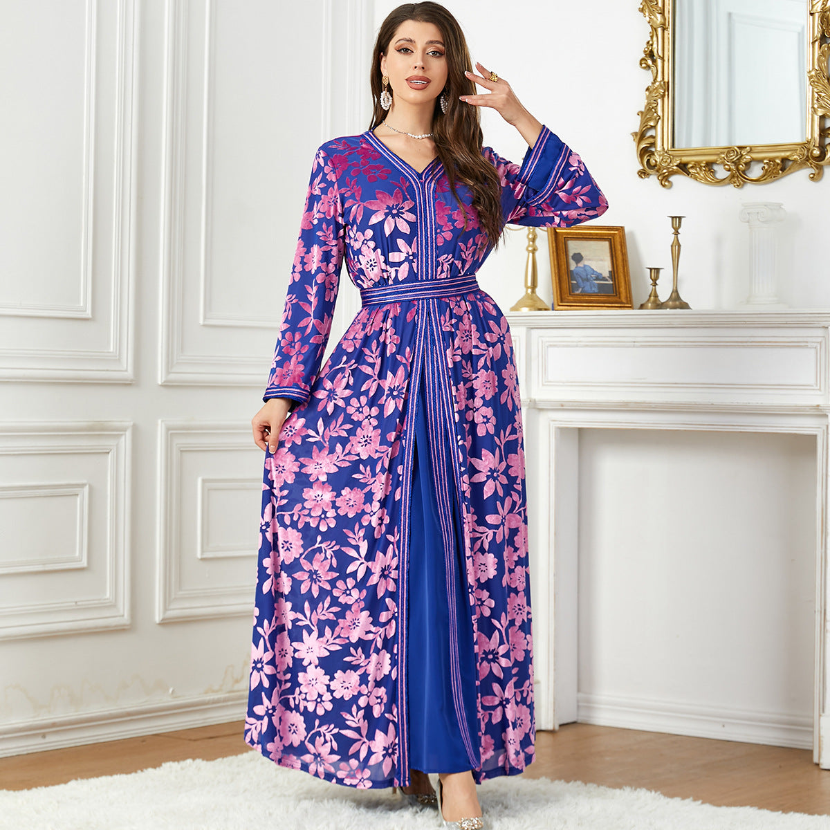 Costume deux pièces en velours imprimé, robe de soirée pour femme