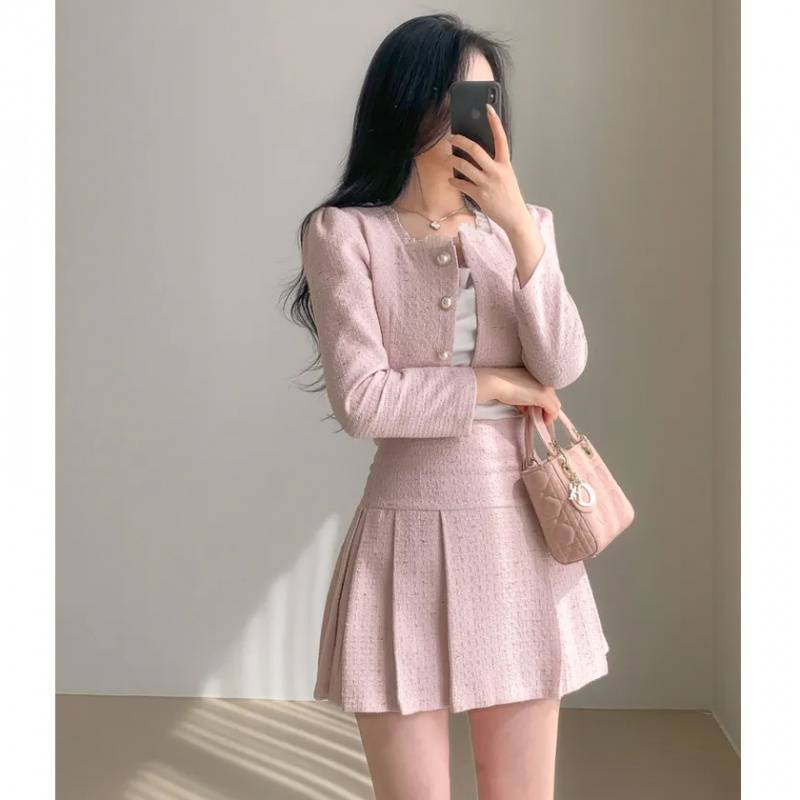 Round Neck Short Coat High Waist Slimming Pleated Skirt Two-piece Set