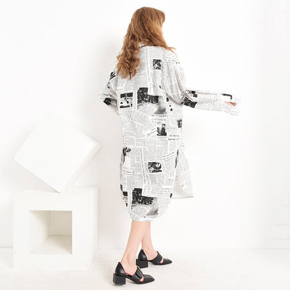 Loose Medium Length Newspaper Printed Shirt