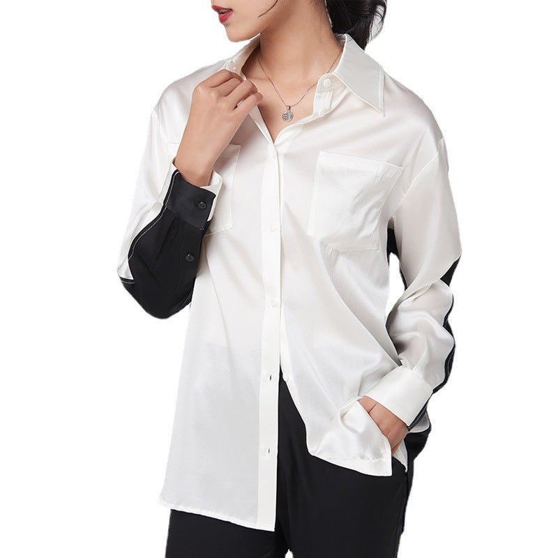 Silk Long Sleeve Shirt Women's Patchwork