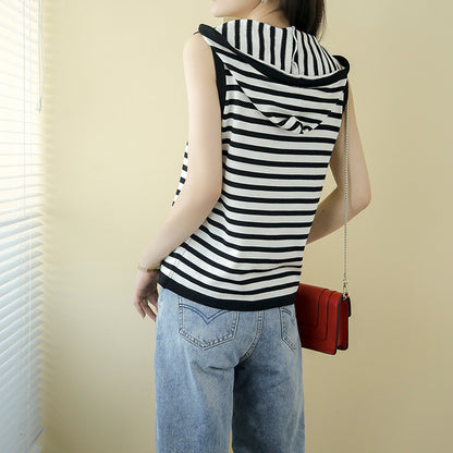 Striped Sleeveless Hooded Vest Women's Hooded Mercerized Cotton Short Sleeves