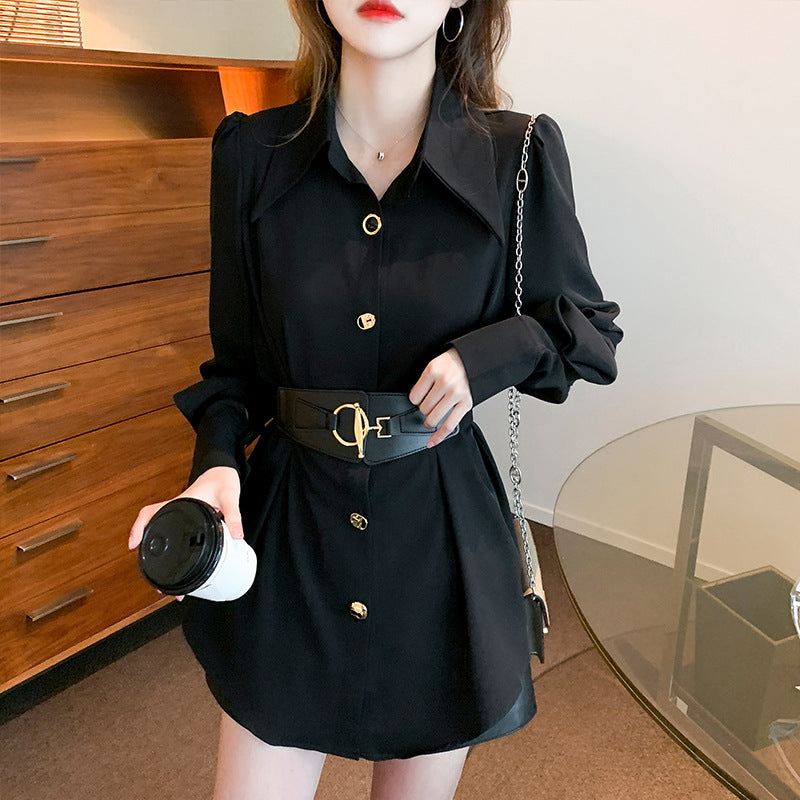 New Spring Elegant Long Sleeve Blouse Metal Buckle With Belt