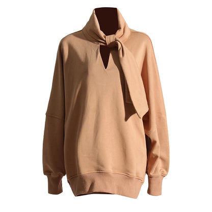 Women's Spring Scarf Collar Profile Loose Long Sleeve Irregular Sweatshirt