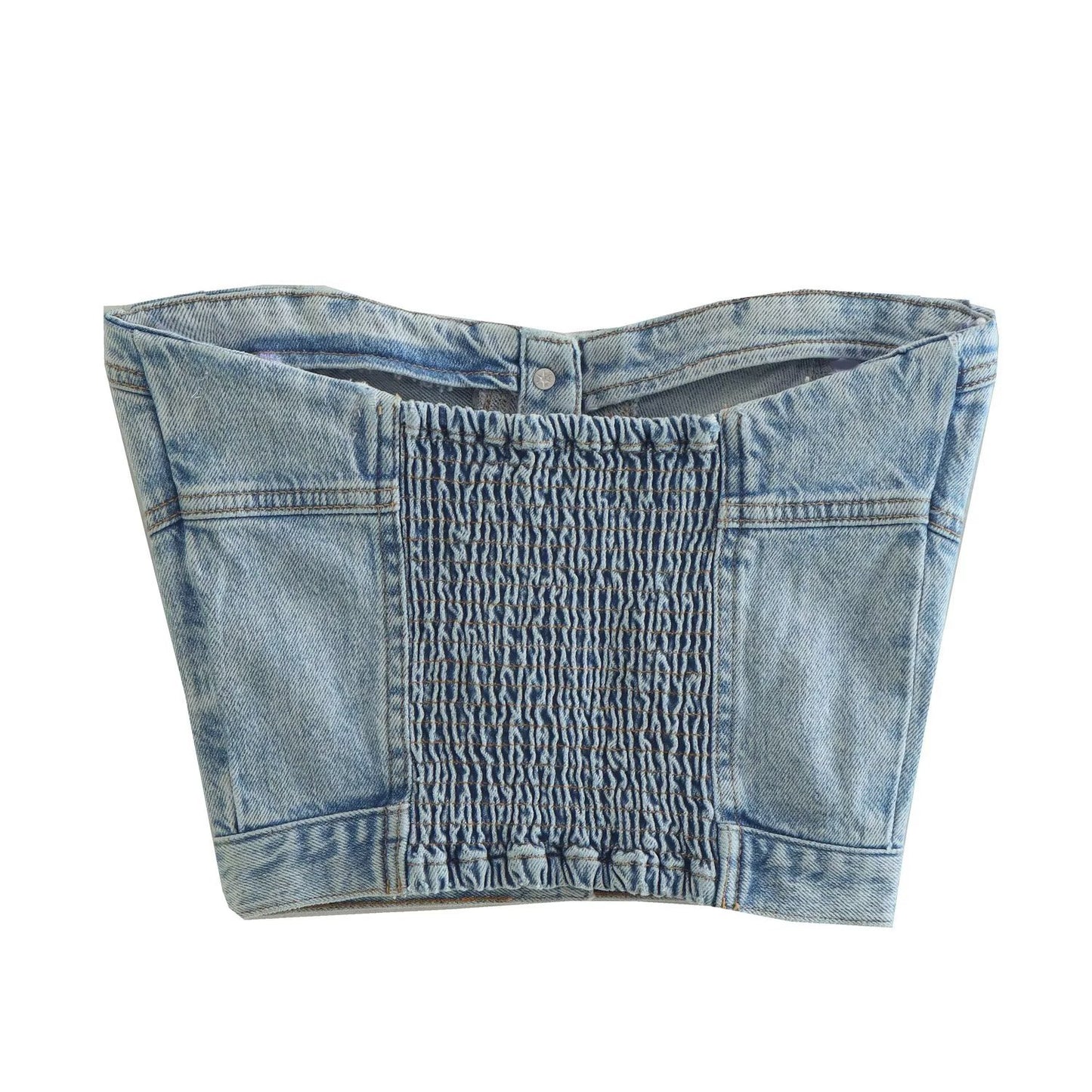 Denim Wrap Top With Ins Strapless Pockets