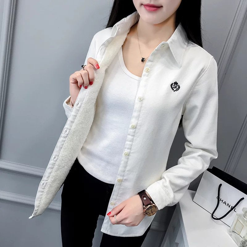 New student embroidery plus velvet shirt women long-sleeved bottoming wild thick warm shirt women