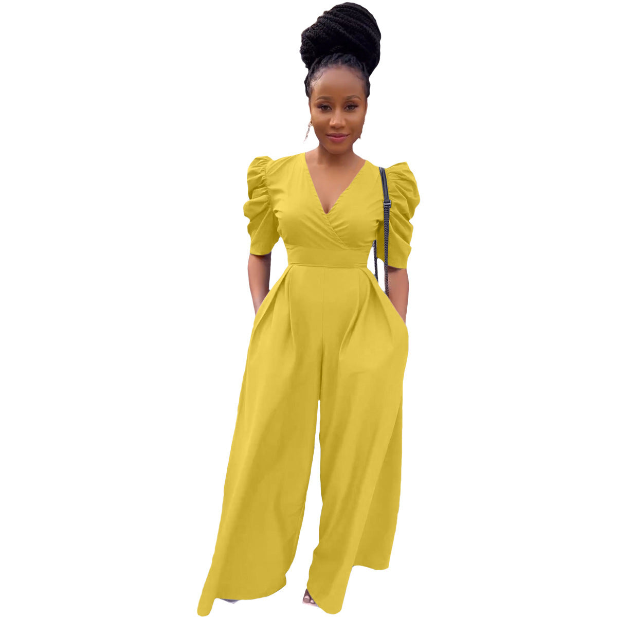 Women's Clothing Springsummer Pleated V-neck Woven Loose Wide-leg Jumpsuit Back Zipper