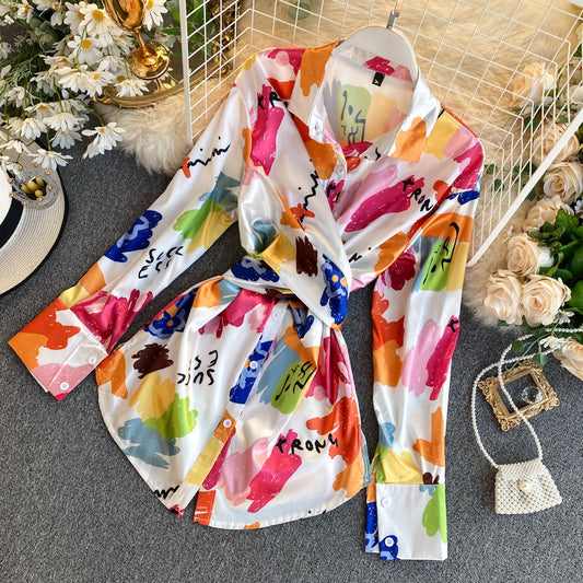 Fashionable Women's Irregular Tie-dye Satin Shirt