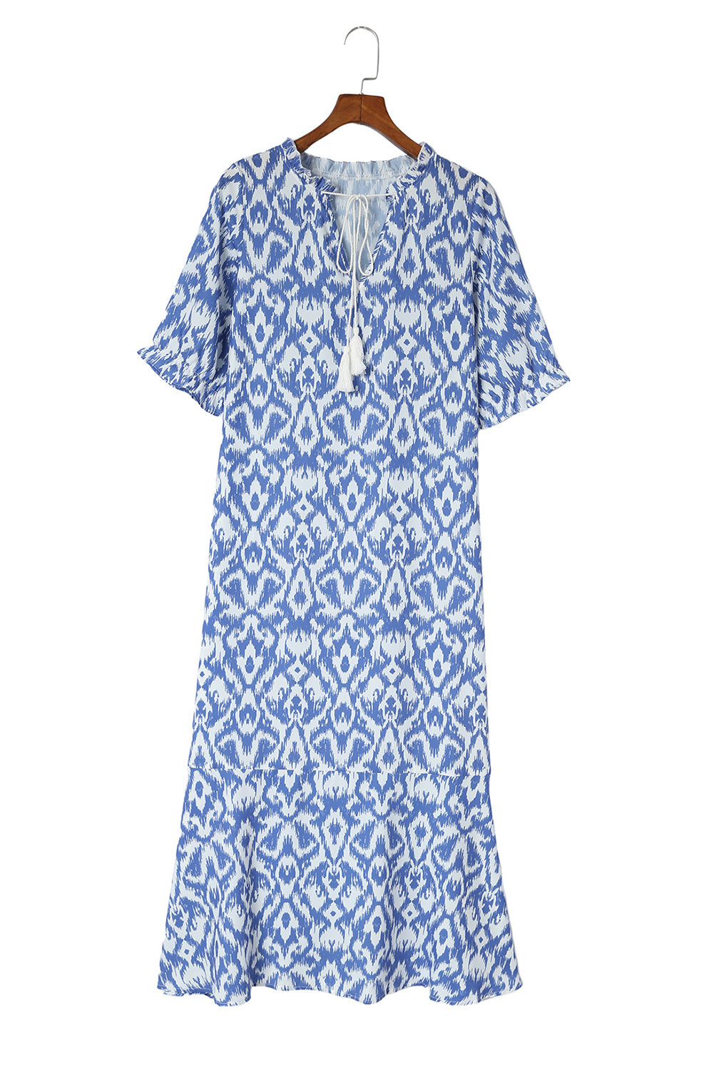 Sky Blue V Neck Casual Geometric Print Maxi Dress