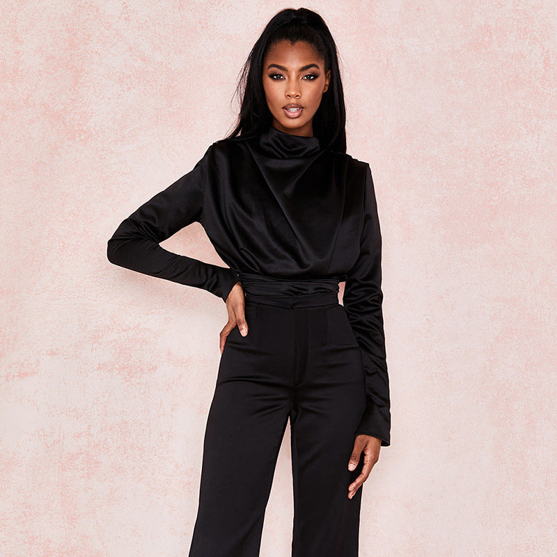 Turtleneck draped black office ladies shirt