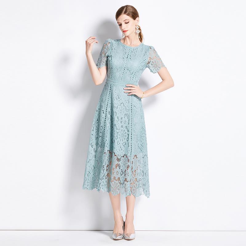 Round Neck Ruffle Sleeve Lace Slimming Temperament Elegant Dress