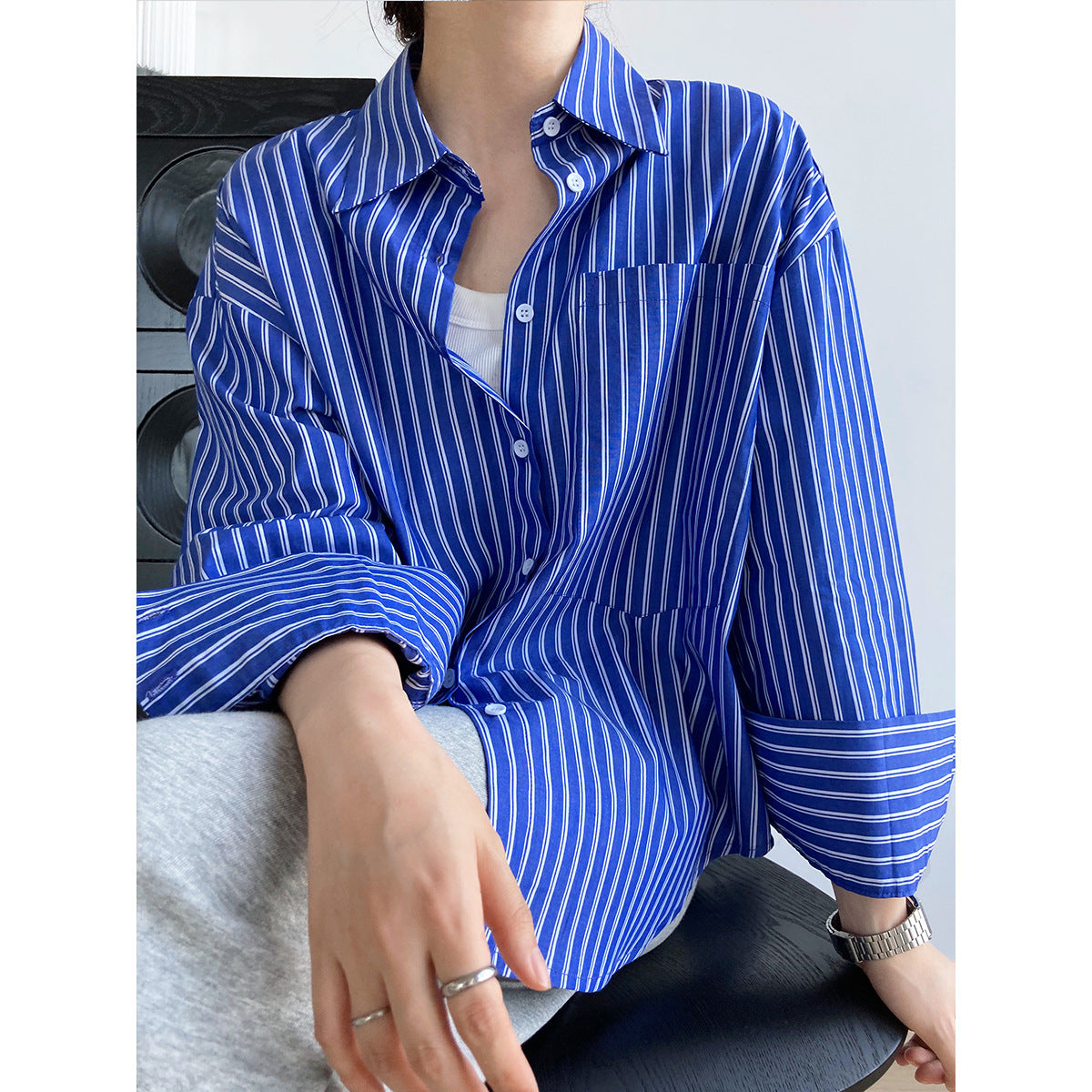 Loose Bf Lapel Large Pocket Long Sleeve Shirt