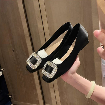 Rhinestone Square Toe Low-cut Silver Flat Bottom Pumps