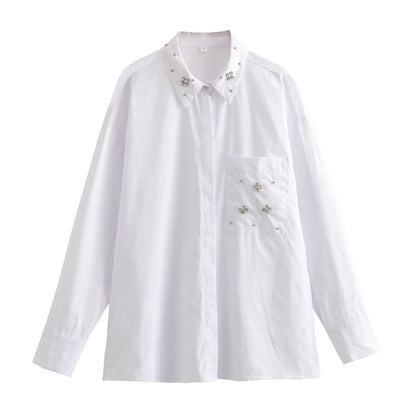 New Artificial Jewelry White With Lapel Cotton Poplin Shirt Top