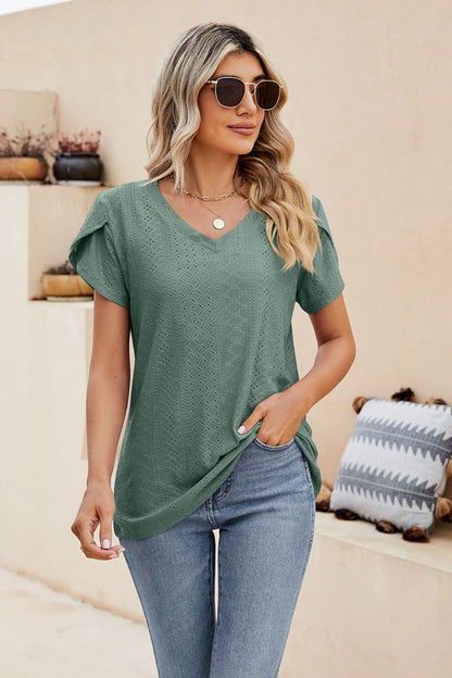 Eyelet Petal Sleeve V-Neck Knit Top