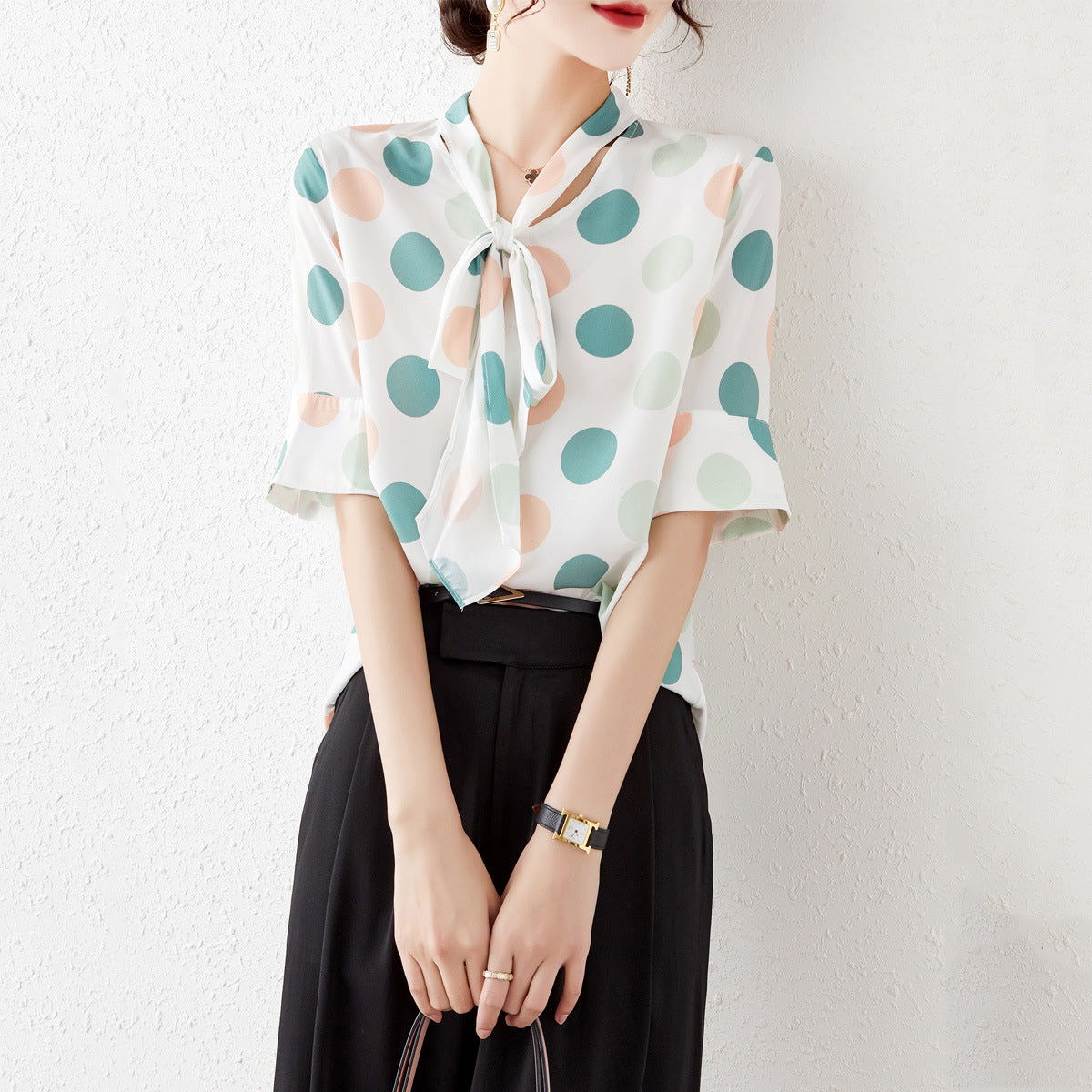 Short-sleeved Shirt Women Chiffon Shirt Large Size Trumpet Sleeve Ladies Shirt