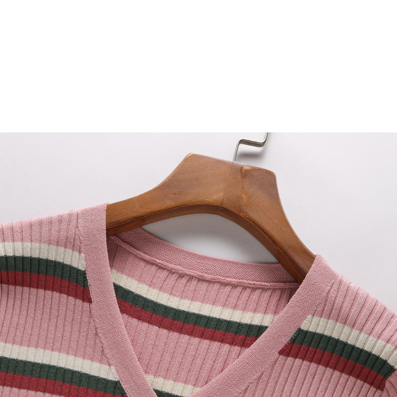 V-neck Classic Striped Knitted Sweater Women's Spring And Summer New High Waist