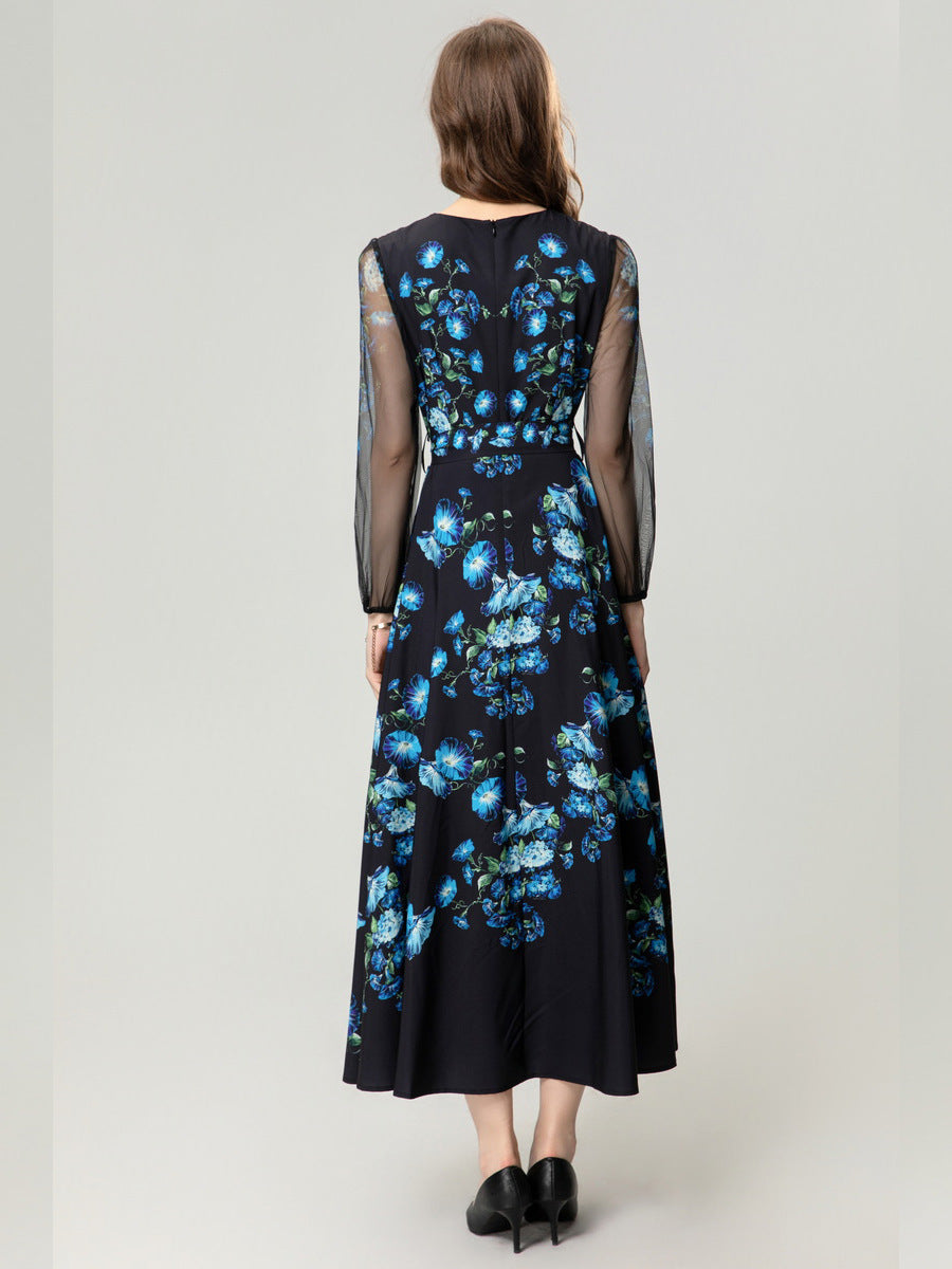 Peacock Blue Flower Front Piece Heavy Industry Manual Bead Long Sleeve Dress