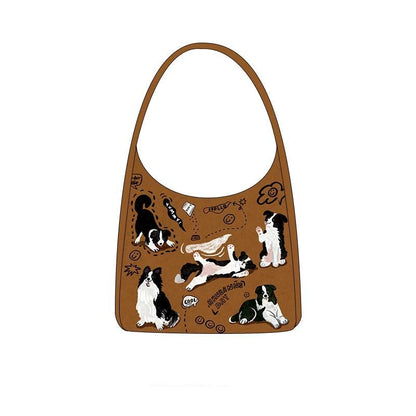 Bolso de lona informal de gran capacidad con estampado de cachorro de hombro retro