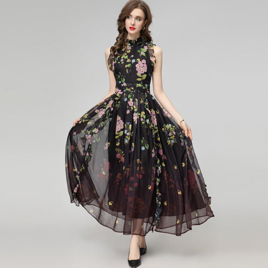 Printed Ruffled Stitching Sleeveless Pleated Chiffon Long Dress