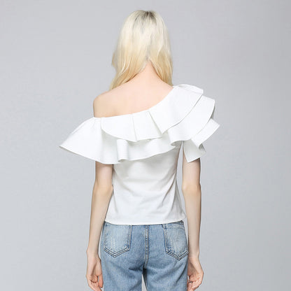 Off-the-shoulder diagonal collar ruffle shirt